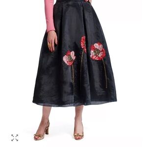 Frances Valentine Black Midi Skirt with Red Floral Embroidery